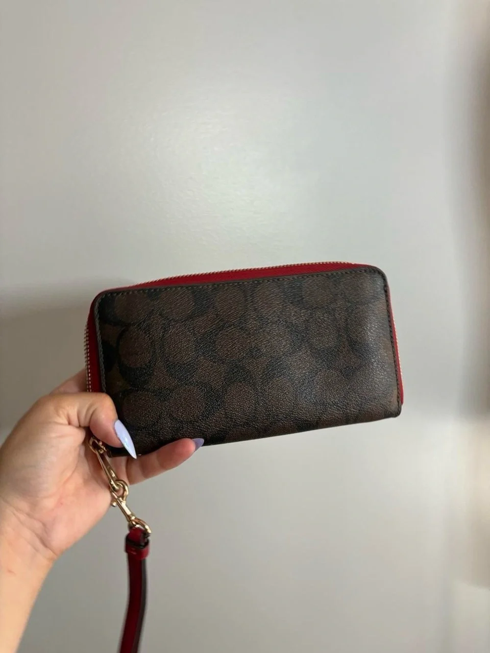 Coach Brown Signature Tote and Matching Wallet with Red Handles
